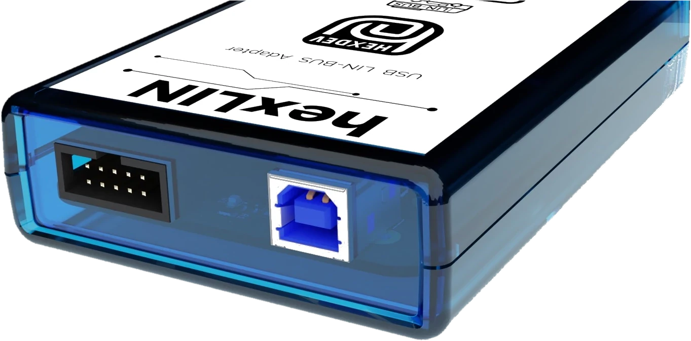 hexLIN USB LIN-BUS adapter, isometric and connector view