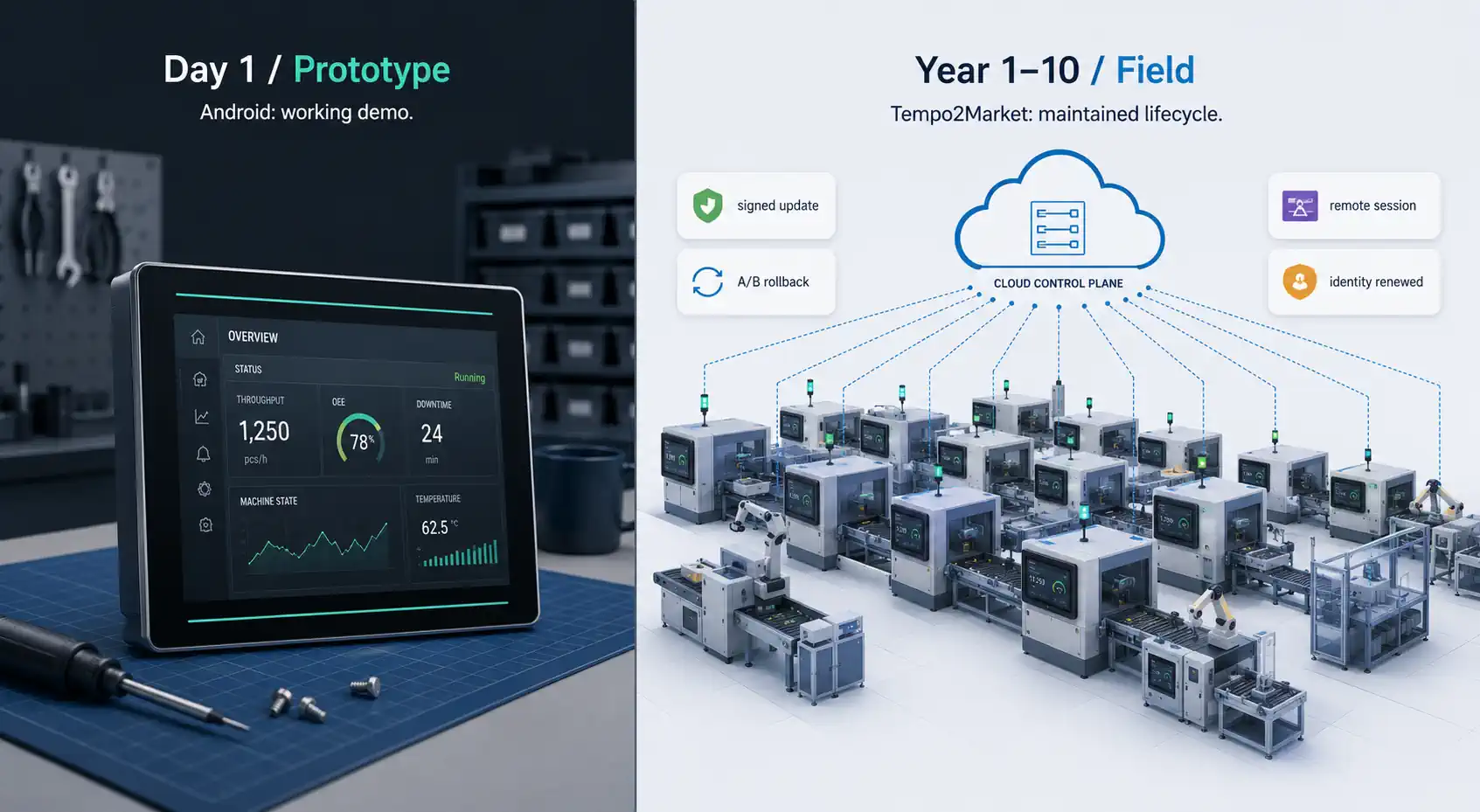 Left: a single Android panel as a Day 1 prototype on a workbench. Right: a fleet of Tempo2Market devices in the field, year 1 to 10, connected to a cloud control plane with signed-update, A/B-rollback, remote-session and identity-renewal badges.